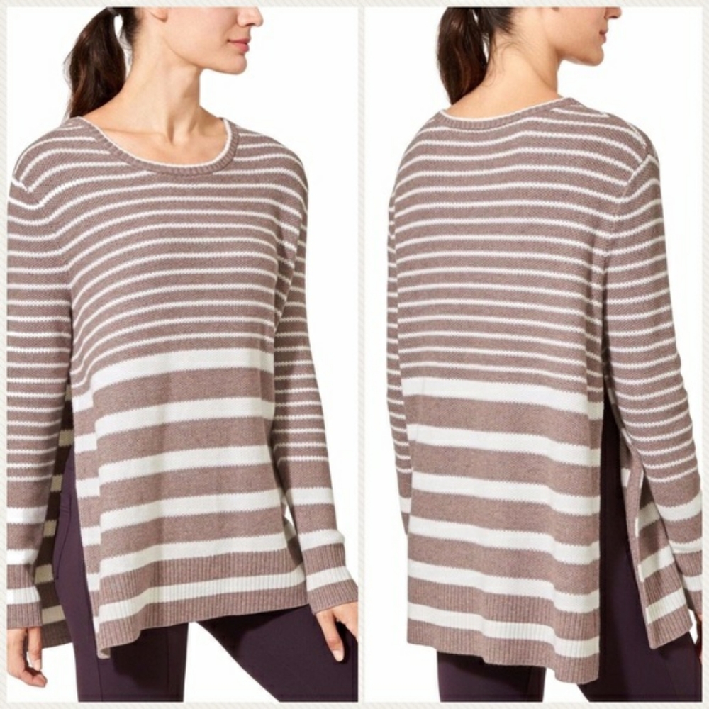 Athleta Kennewick Merino Wool Side Slit Taupe Striped Sweater XXS